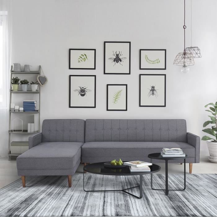 CanapÈ d'angle convertible 3 places rÈversible - Tissu gris foncÈ - Pieds en bois - L 286 x P 169 x H 80 cm - IMANIA