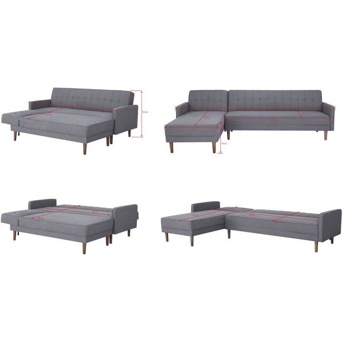 CanapÈ d'angle convertible 3 places rÈversible - Tissu gris foncÈ - Pieds en bois - L 286 x P 169 x H 80 cm - IMANIA