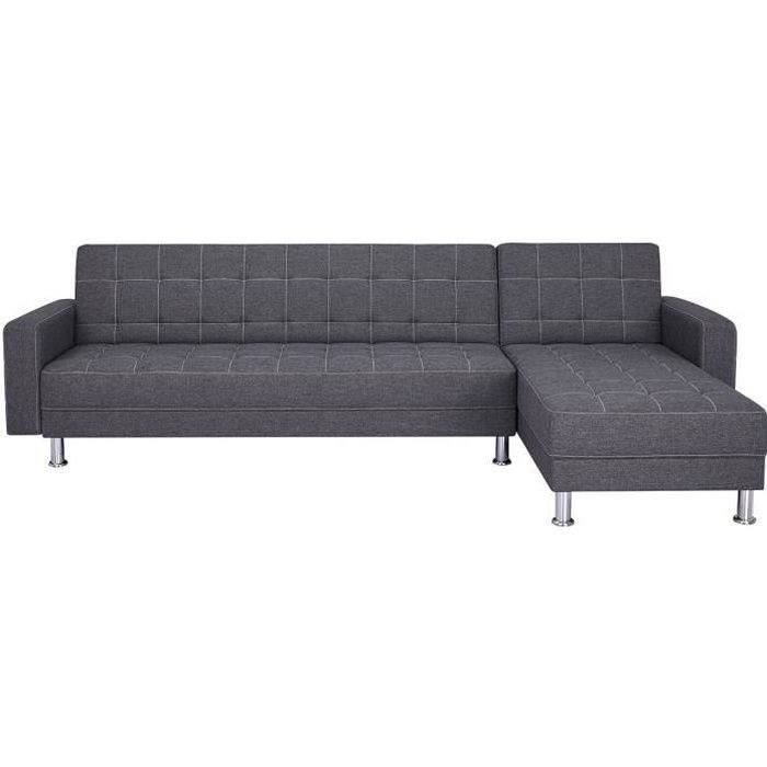 CanapÈ d'angle convertible 3 places rÈversible - Tissu gris foncÈ avec coutures blanches - Pieds acier - L277xP157xH80 cm - IVANA