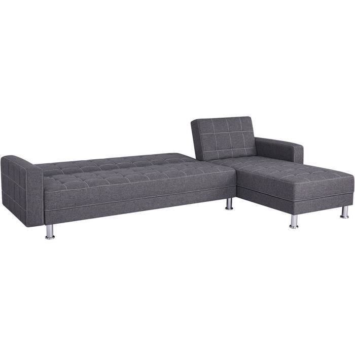 CanapÈ d'angle convertible 3 places rÈversible - Tissu gris foncÈ avec coutures blanches - Pieds acier - L277xP157xH80 cm - IVANA