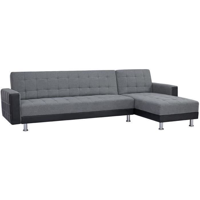 CanapÈ d'angle 3 places rÈversible - Tissu gris et simili noir - Pieds en acier - L 277 x P 157 x H 80 cm - IVANA