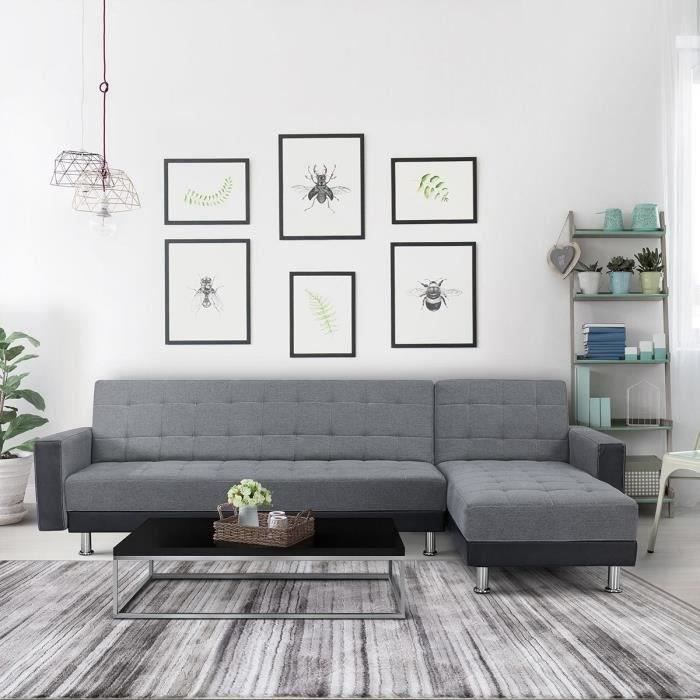 CanapÈ d'angle 3 places rÈversible - Tissu gris et simili noir - Pieds en acier - L 277 x P 157 x H 80 cm - IVANA