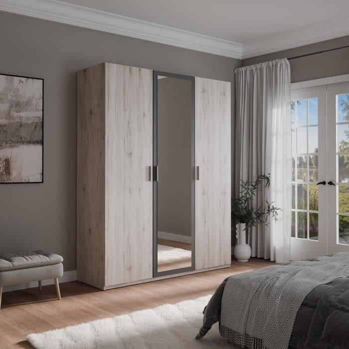 Armoire de chambre - ADRIA - Chene cendré / Gris foncé - 3 portes battantes - 1 miroir - L165,6 x P54,2 x H210,5 cm