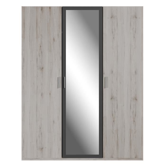 Armoire de chambre - ADRIA - Chene cendré / Gris foncé - 3 portes battantes - 1 miroir - L165,6 x P54,2 x H210,5 cm