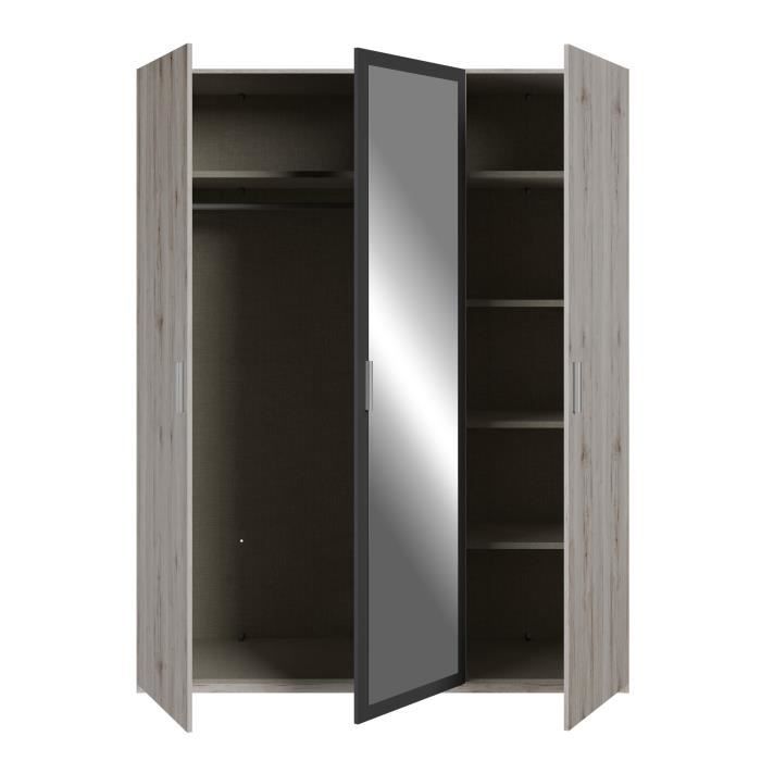 Armoire de chambre - ADRIA - Chene cendré / Gris foncé - 3 portes battantes - 1 miroir - L165,6 x P54,2 x H210,5 cm
