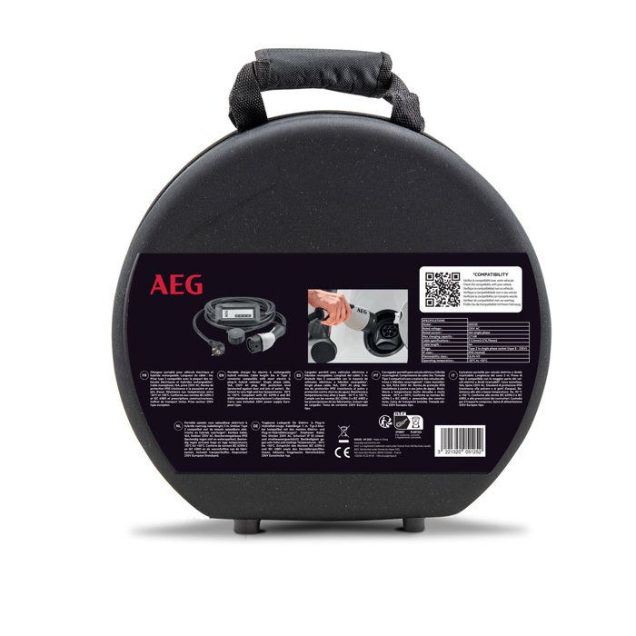 Chargeur portable véhicule électrique & hybride - AEG - Type 2 - Monophasé, 16A, 230V AC - Prise secteur 230V européen - L : 5m.