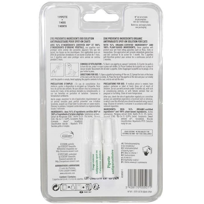 Pipettes Antiparasitaire - VETOCANIS - Ingrédients Bio pour Chats
