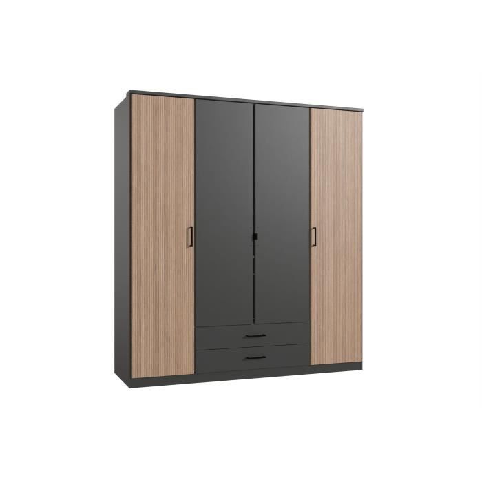 Armoire 4 portes battantes + 2 tiroirs - Gris et chene - L180 x H199 x P58 cm - AGIA