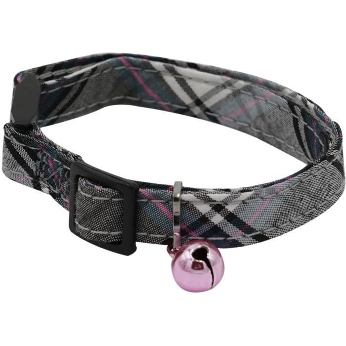 Collier pour chat - AIME - Tartan rose - Jean bleu, fleur caramel, grelot doré