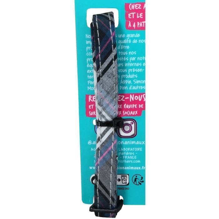 Collier pour chat - AIME - Tartan rose - Jean bleu, fleur caramel, grelot doré