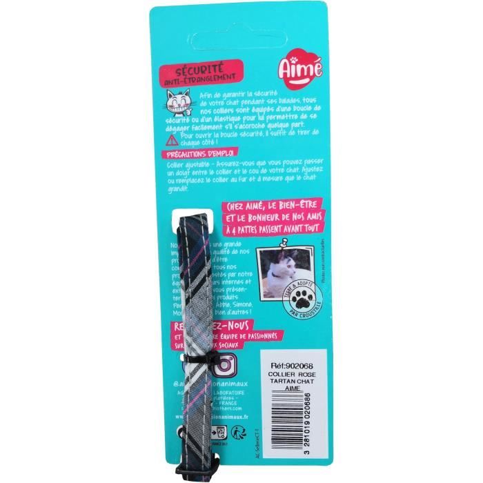 Collier pour chat - AIME - Tartan rose - Jean bleu, fleur caramel, grelot doré