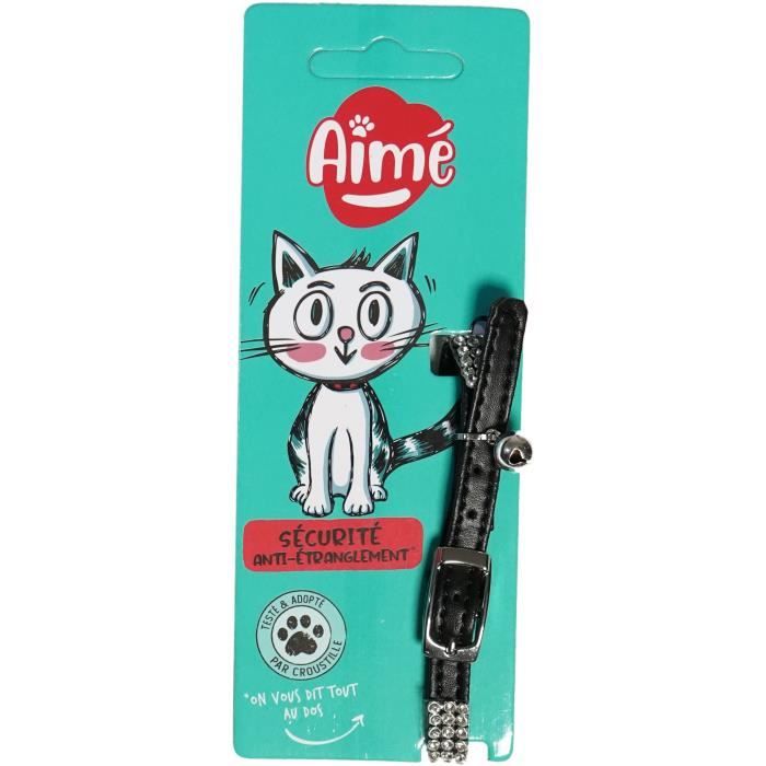 Collier pour chat - AIME - Ajustable 18-28 cm - Nylon avec grelot en argent - Noir strass