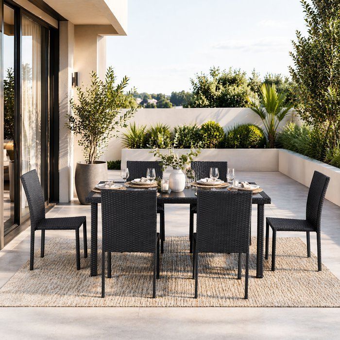 Ensemble repas de jardin - AKELA - Plateau verre trempé + Chaises résine tressée - Table 160x80 cm - Noir - 6 personnes