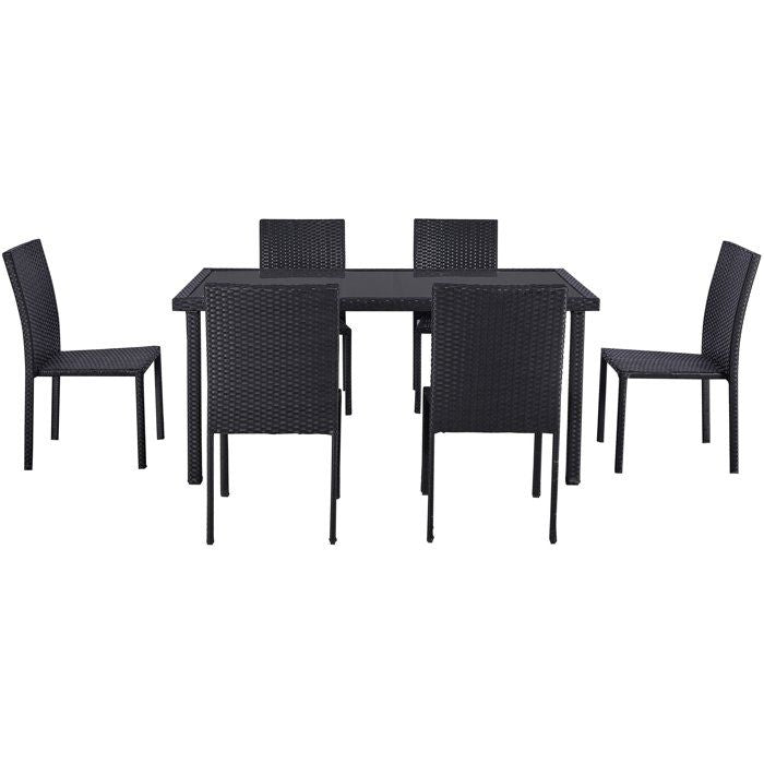Ensemble repas de jardin - AKELA - Plateau verre trempé + Chaises résine tressée - Table 160x80 cm - Noir - 6 personnes