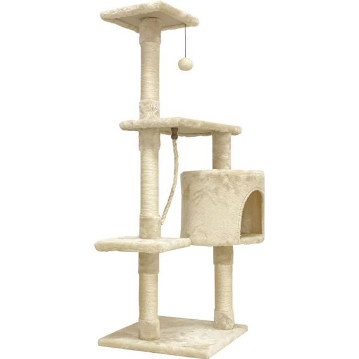 PALOMA Arbre a chat beige 40 x 40 x 114cm - 3 plateformes, 1 corde, 1 niche , poteaux a griffer