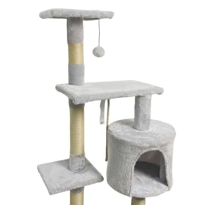 PALOMA Arbre a chat gris 40 x 40 x 114cm - 3 plateformes, 1 corde, 1 niche , poteaux a griffer