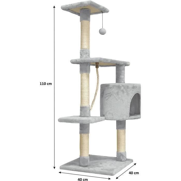 PALOMA Arbre a chat gris 40 x 40 x 114cm - 3 plateformes, 1 corde, 1 niche , poteaux a griffer