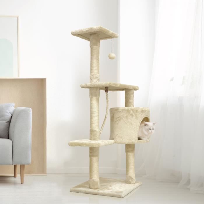 PALOMA Arbre a chat beige 40 x 40 x 114cm - 3 plateformes, 1 corde, 1 niche , poteaux a griffer