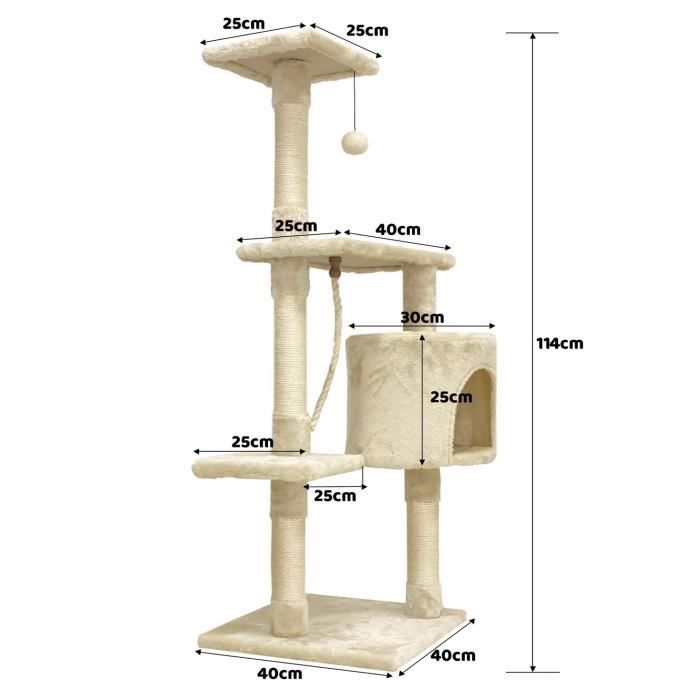 PALOMA Arbre a chat beige 40 x 40 x 114cm - 3 plateformes, 1 corde, 1 niche , poteaux a griffer