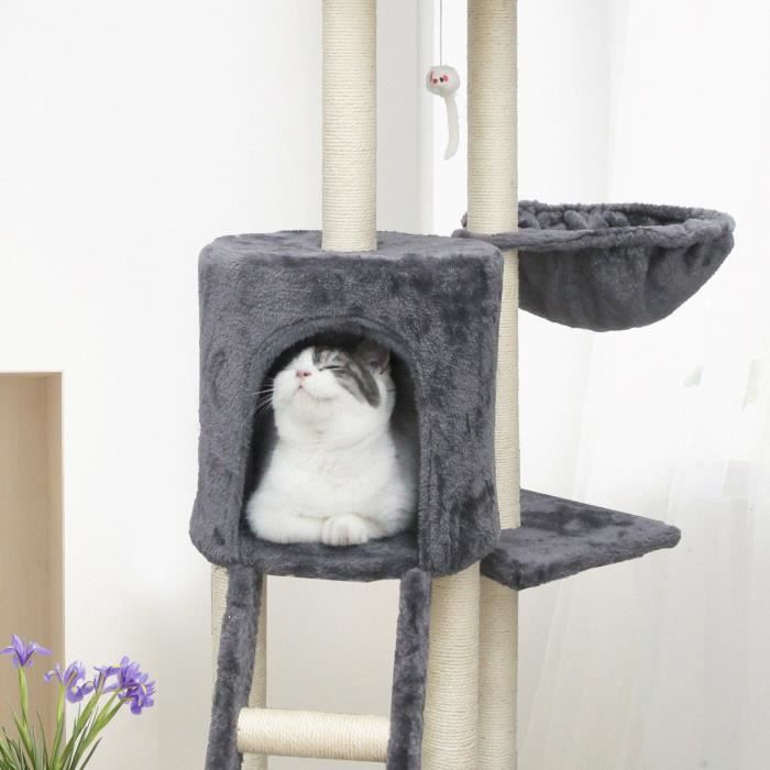 JIPSY Arbre a chat gris 79 x 34 x 138 cm - 3 plateformes, 1 perchoir, 1 niche, 1 escalier, poteaux a griffer