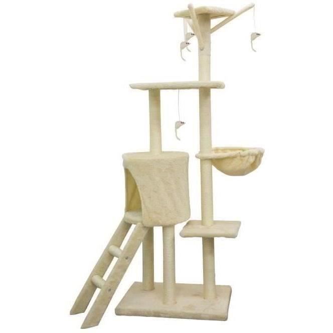 JIPSY Arbre a chat beige 79 x 34 x 138 cm - 3 plateformes, 1 perchoir, 1 niche, 1 escalier, poteaux a griffer