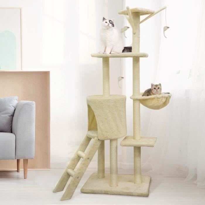 JIPSY Arbre a chat beige 79 x 34 x 138 cm - 3 plateformes, 1 perchoir, 1 niche, 1 escalier, poteaux a griffer