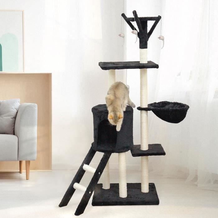 JIPSY Arbre a chat noir 79 x 34 x 138 cm - 3 plateformes, 1 perchoir, 1 niche, 1 escalier, poteaux a griffer