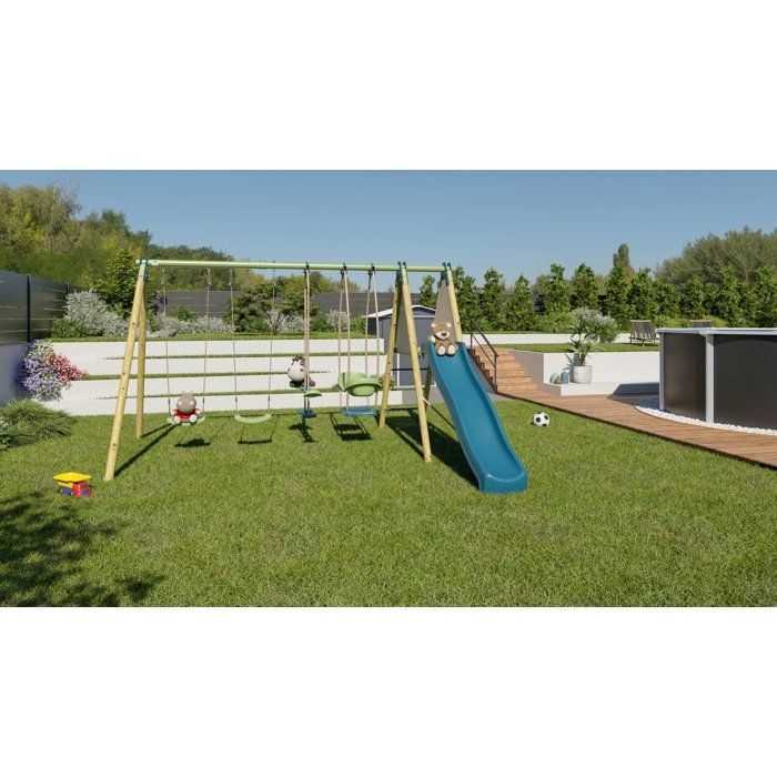 Portique bois / métal - 6 agres avec toboggan - KAHUNA 2 - ALEO BY TRIGANO