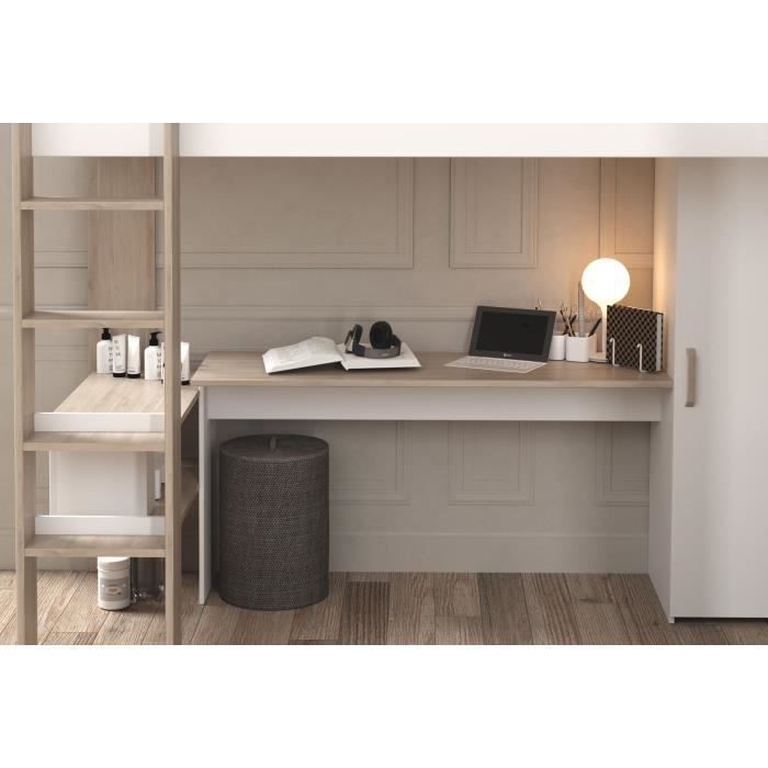 Lit double mezzanine combinÈ enfant ALEXANDRA avec 2 bureaux et rangements - 2x90x200 cm - Blanc/Chene - Sommiers inclus - PARISOT