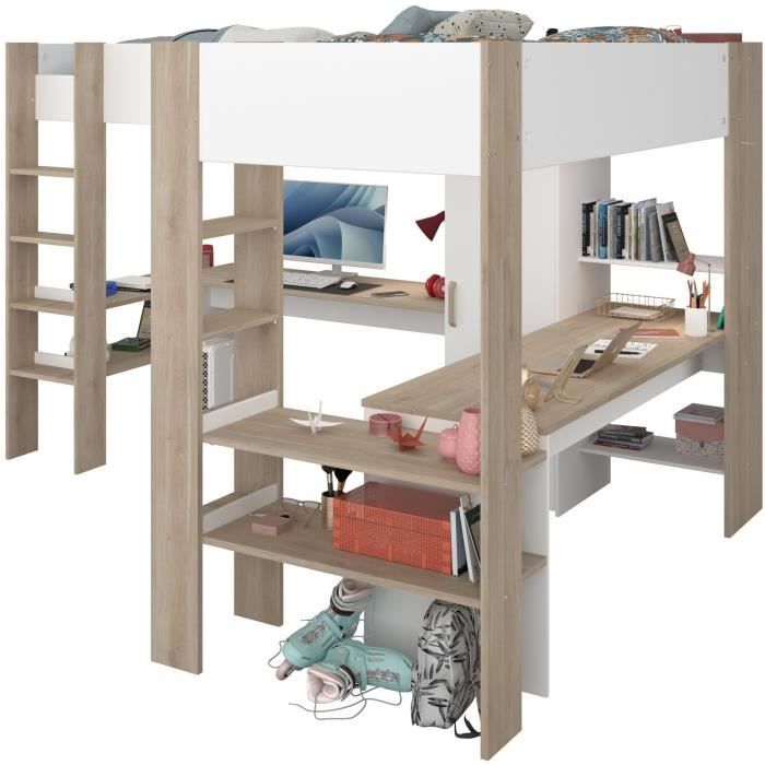 Lit double mezzanine combinÈ enfant ALEXANDRA avec 2 bureaux et rangements - 2x90x200 cm - Blanc/Chene - Sommiers inclus - PARISOT