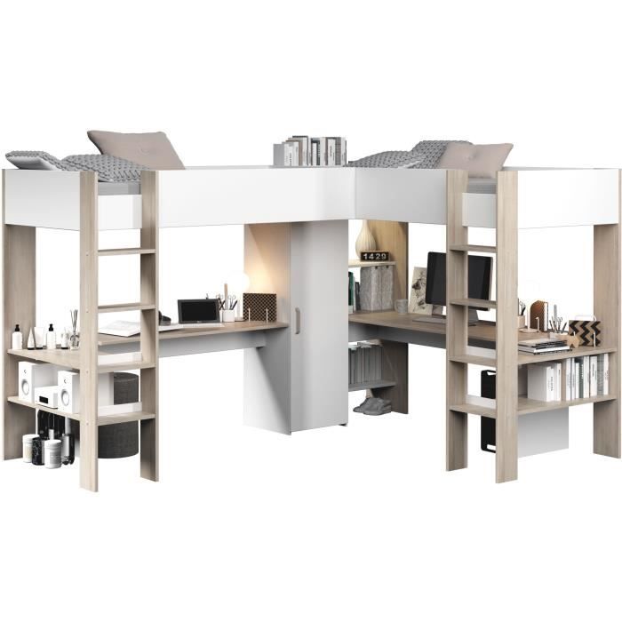 Lit double mezzanine combiné enfant ALEXANDRA avec 2 bureaux et rangements - 2x90x200 cm - Blanc/Chene - Sommiers inclus - PARISOT
