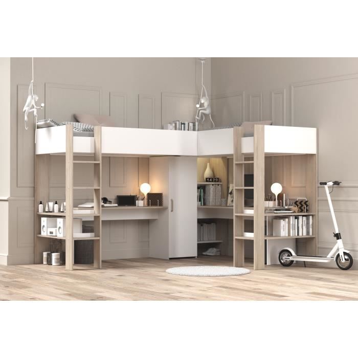 Lit double mezzanine combiné enfant ALEXANDRA avec 2 bureaux et rangements - 2x90x200 cm - Blanc/Chene - Sommiers inclus - PARISOT