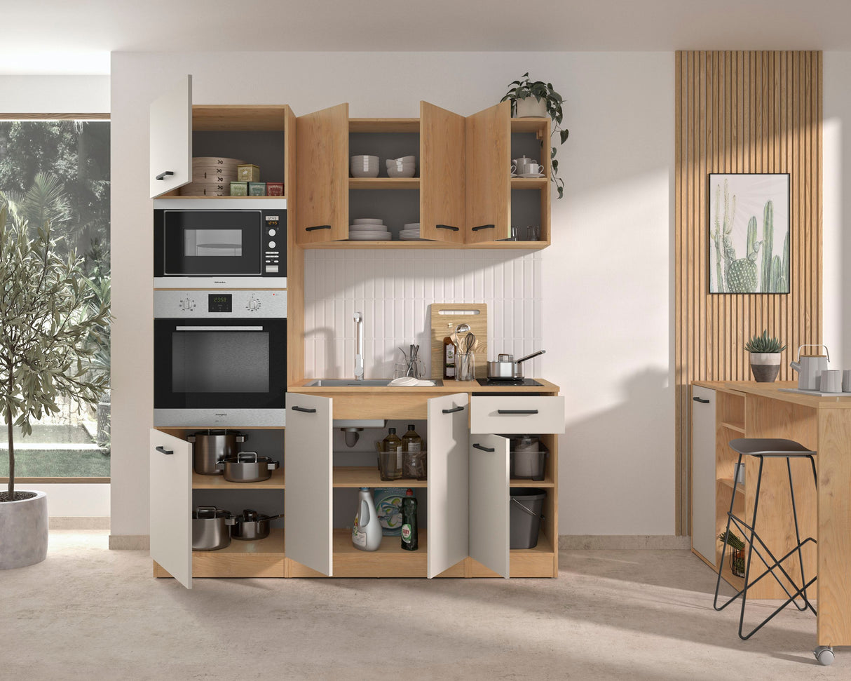 ALPAGA - Cuisine complete - Chene silva / Grege - 180 x 60/31 x 211 cm - Avec colonne four et plan de travail - GAMI