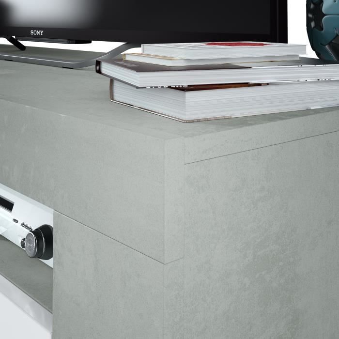 Meuble TV - AMBIT - Effet Béton / Blanc Artik - 2 portes - 2 niches - 120 x 42 x 40 cm
