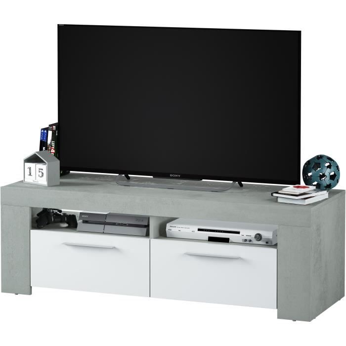 Meuble TV - AMBIT - Effet Béton / Blanc Artik - 2 portes - 2 niches - 120 x 42 x 40 cm