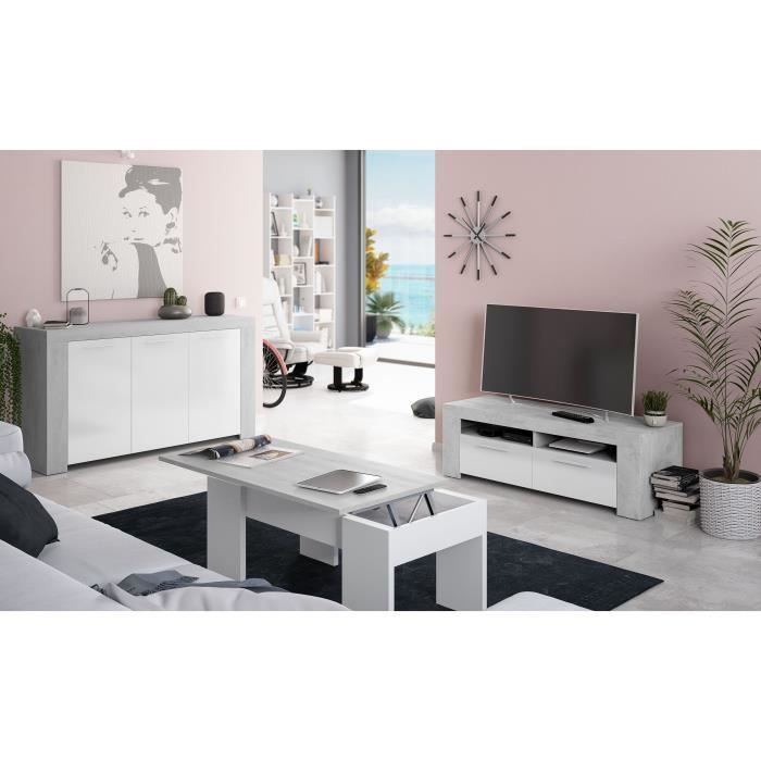 Meuble TV - AMBIT - Effet Béton / Blanc Artik - 2 portes - 2 niches - 120 x 42 x 40 cm