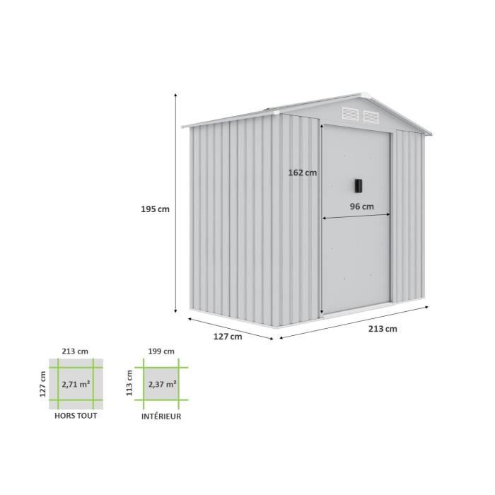 Abri de jardin en mÈtal 2,71 m≤ - 213 x 127 x 195 cm - Kit d'ancrage inclus - Gris