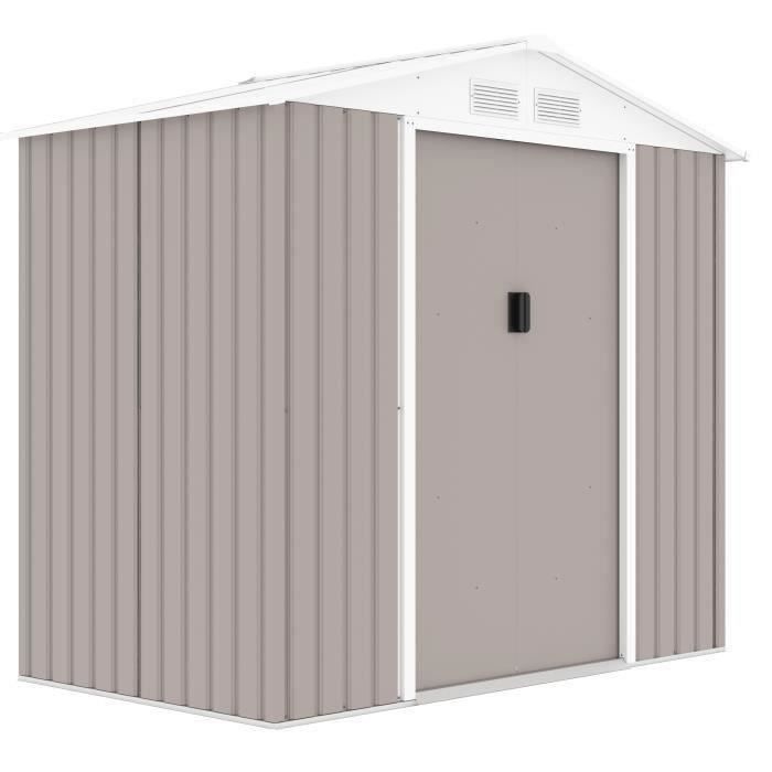 Abri de jardin en métal 2,71 m² - 213 x 127 x 195 cm - PLUTON - Kit d'ancrage inclus, 2 portes coulissantes - Taupe