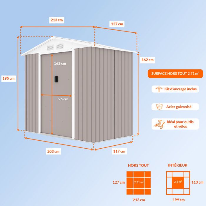 Abri de jardin en métal 2,71 m˛ - 213 x 127 x 195 cm - PLUTON - Kit d'ancrage inclus, 2 portes coulissantes - Taupe