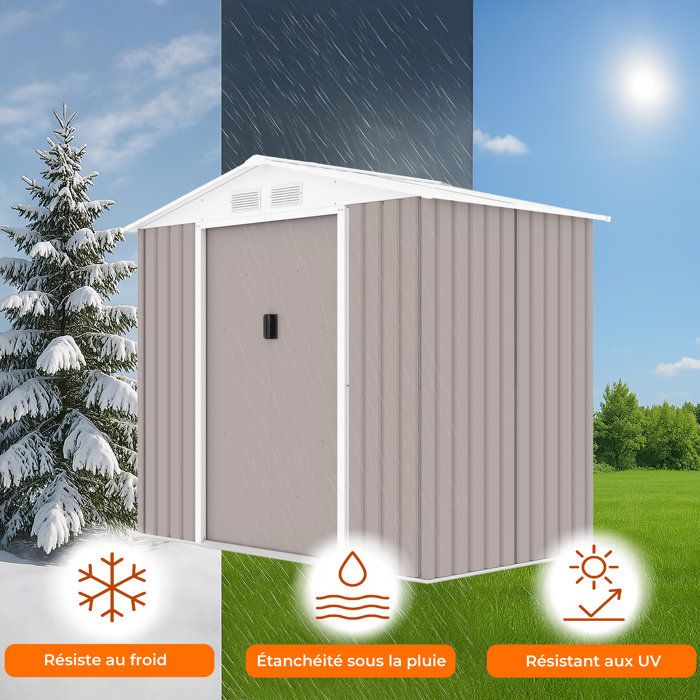 Abri de jardin en métal 2,71 m˛ - 213 x 127 x 195 cm - PLUTON - Kit d'ancrage inclus, 2 portes coulissantes - Taupe
