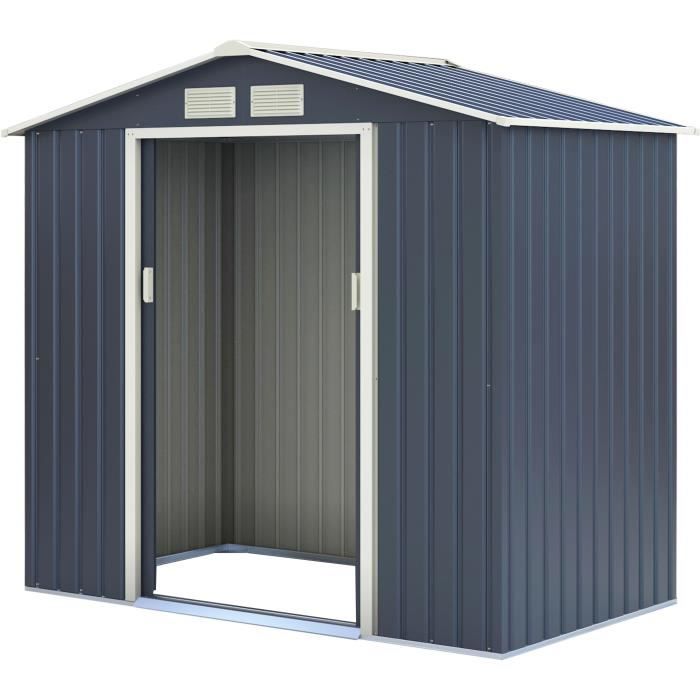 Abri de jardin en métal 2,71 m² - 213 x 127 x 195 cm - PLUTON - Kit d'ancrage inclus, 2 portes coulissantes - Gris