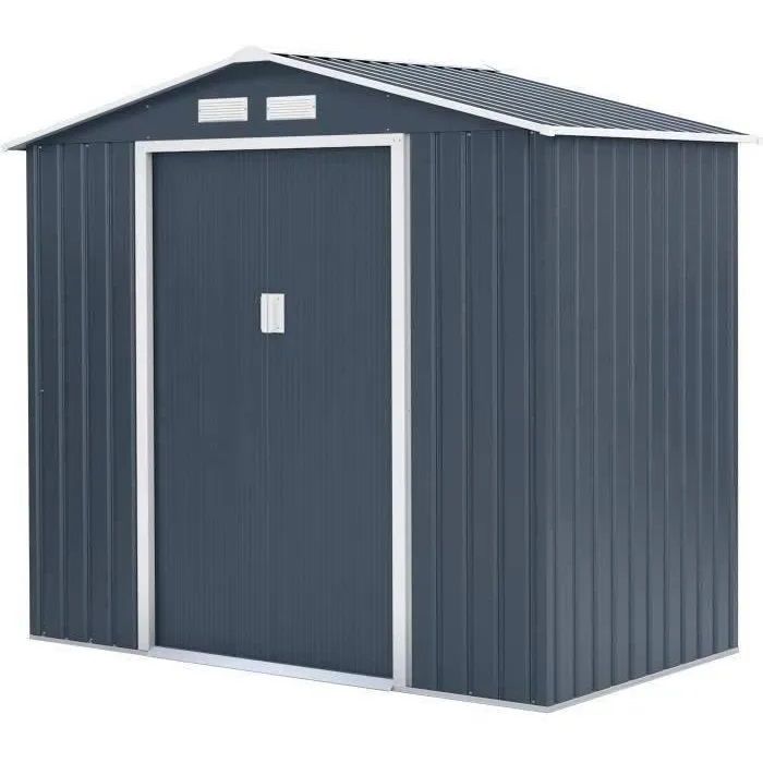 Abri de jardin en métal 2,71 m˛ - 213 x 127 x 195 cm - PLUTON - Kit d'ancrage inclus, 2 portes coulissantes - Gris