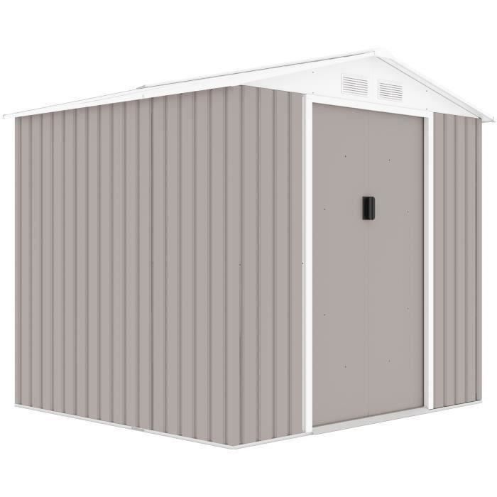 Abri de jardin en métal 4,07 m² - 213 x 191 x 195 cm - MARS -Kit d'ancrage inclus, 2 portes coulissantes - Taupe