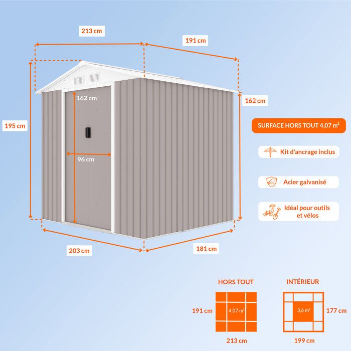 Abri de jardin en métal 4,07 m˛ - 213 x 191 x 195 cm - MARS -Kit d'ancrage inclus, 2 portes coulissantes - Taupe