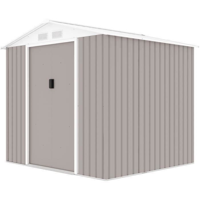 Abri de jardin en métal 4,07 m² - 213 x 191 x 195 cm - MARS -Kit d'ancrage inclus, 2 portes coulissantes - Taupe