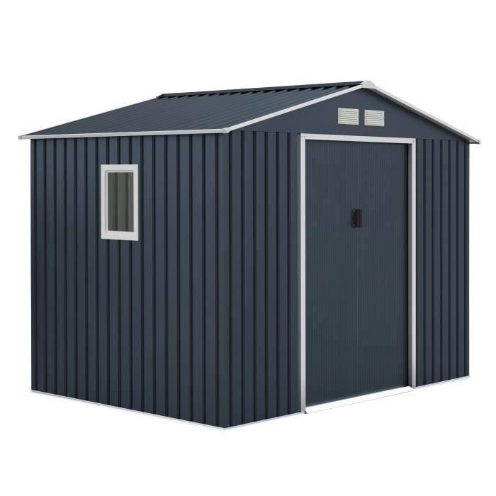 Abri de jardin en métal 5,29 m˛ - 277 x 191 x 202 cm - VENUS Kit d'ancrage inclus, 2 portes coulissantes, 1 fenetre latérale Gris