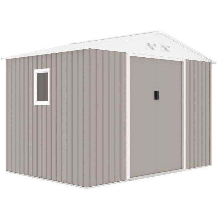 Abri de jardin en métal 5,29 m˛ - 277 x 191 x 202 cm - VENUS Kit d'ancrage inclus, 2 portes coulissantes, 1 fenetre latérale Taupe