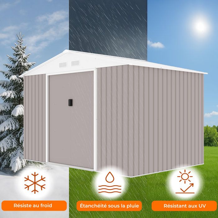 Abri de jardin en métal 5,29 m˛ - 277 x 191 x 202 cm - VENUS Kit d'ancrage inclus, 2 portes coulissantes, 1 fenetre latérale Taupe