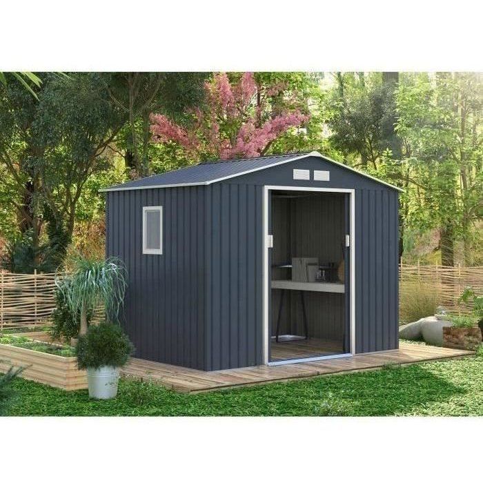 Abri de jardin en métal 5,29 m˛ - 277 x 191 x 202 cm - VENUS Kit d'ancrage inclus, 2 portes coulissantes, 1 fenetre latérale Gris