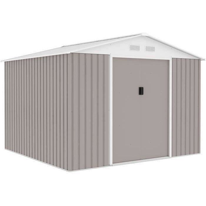 Abri de jardin en métal 7,06 m˛ - 277 x 255 x 202 cm - MERCURE - Kit d'ancrage inclus, 2 portes coulissantes - Taupe